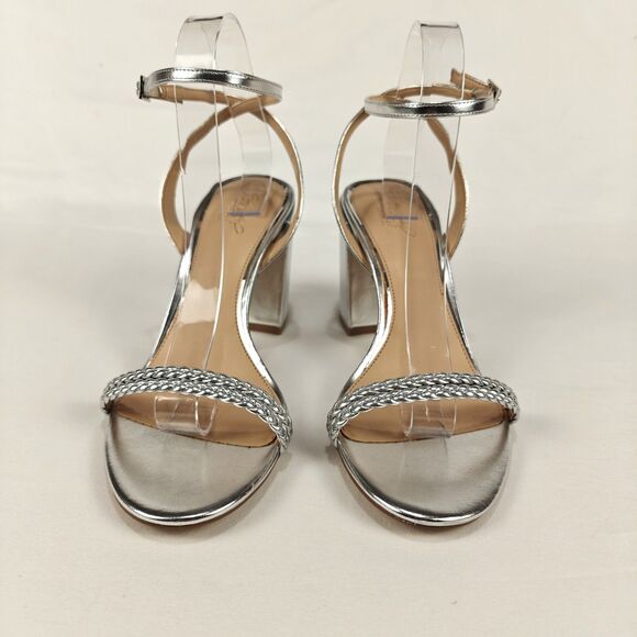 Jewel Badgley Mischka Suri Silver Metallic Block Heel Sandal Size 10 Party Comfy - Picture 4 of 10